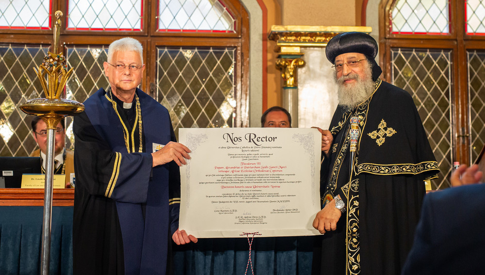 Koptischer Papst-Patriarch Tawadros II. bei Ehrendoktorats-Feier der katholischen Peter-Pazmany-Universität in Budapest am 21. August 2023