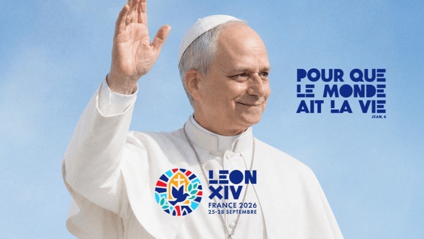 Logo und Schriftzug zum Papstbesuch in Frankreich