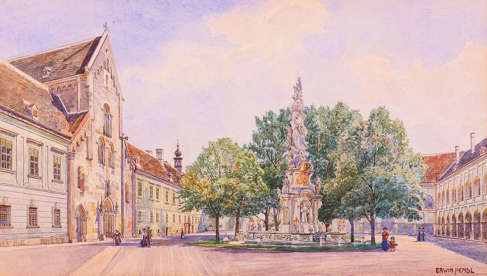 Stift Heiligenkreuz: Der innere Stiftshof mit Pestsäule